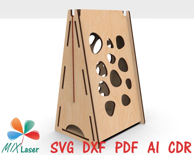May include: A wooden, triangular-shaped, freestanding structure with a series of round cutouts on one side. The structure is made of light brown wood and has a red string running through it.