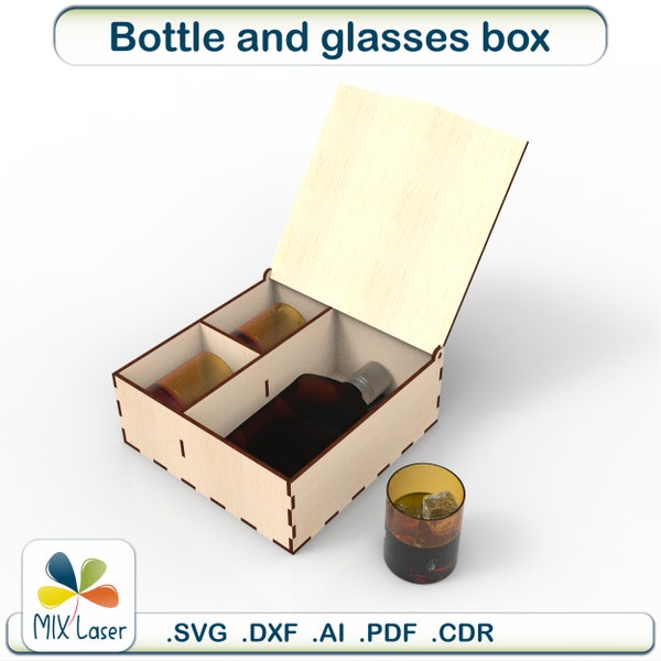 Box for two glasses and bottles. Glowforge bourbon box SVG DXF laser cut pattern.