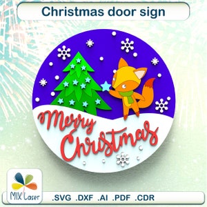 Plaque de porte de Noël fichier découpé au laser, renard et arbre en couches SVG, décoration murale ronde joyeux Noël, modèle 3D de signe de vacances
