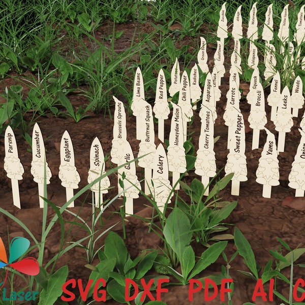46 piquets de jardin Gnomes Fichiers numériques vectoriels SVG DXF découpés au laser. Glowforge SVG laser cut Marqueurs de plantes, Étiquettes d'herbes et Projets d'étiquettes de légumes