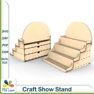 Exhibidor de mostrador para venta minorista Soporte de madera Corte láser 4 estantes Diseño de feria de artesanía Caja de madera para Craftshow Archivos vectoriales CNC DXF SVG Corte Glowforge