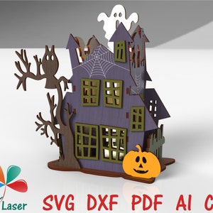 Haunted house Halloween lantern Party supplies Props Wooden lamp Laser cut files Spooky decorations Pumpkin lights  Decor Glowforge SVG DXF