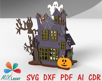 Haunted house Halloween lantern Party supplies Props Wooden lamp Laser cut files Spooky decorations Pumpkin lights  Decor Glowforge SVG DXF