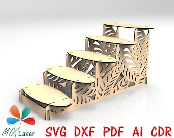 Könnte beinhalten: Ein hölzerner Präsentationsständer mit fünf ovalen Plattformen in ansteigender Höhe. Die Seitenteile weisen Blattform-Ausschnitte auf. Der Text "SVG DXF PDF AI CDR" ist rot dargestellt. Zum Präsentieren von Artikeln.