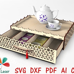 SVG DXF laser cut wood Serving Tray/Box with drawers for tea/coffee bags, CNC vector files.