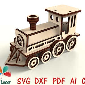Modelo de locomotora de tren antiguo cortado por láser Archivos SVG DXF CNC - Proyecto vectorial Glowforge - Plan de corte por láser Playwood Svg de tren de vapor