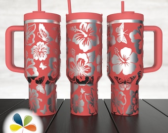 Hibiscus bloemen en vlinders SVG Tumbler Lasergegraveerd Wrap-bestand, Summer Vibe volledige 40oz Tumbler Wrap Lasergravure naadloos patroon