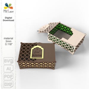 SVG-bestanden voor Ramadan Eid Mubarak lasergesneden geschenkverpakking. Digitale vectorsjabloon voor islamitische verpakkingen.