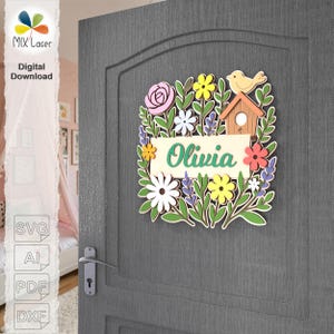 Modello per cartello in legno tagliato al laser, cartello con nome per casetta per uccelli in formato SVG, file per decorazioni floreali da parete per cameretta dei bambini, targa in legno digitale per taglio laser