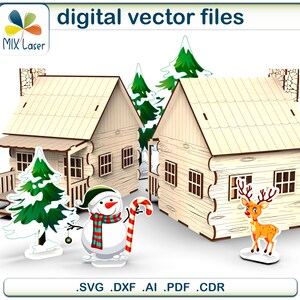 Porta-velas de LED para casa de fazenda com corte a laser - Projetos SVG de lanternas para vilas de férias - Arquivo de design CNC DXF para luminárias de cabana com cenário de Natal