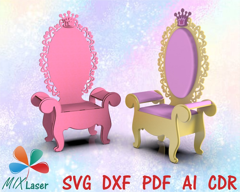 Wooden Princess Throne Chair - Laser Cutting Design Party Throne - CNC furniture plan - dxf pdf cdr vector digital files for laser cut wood image 1