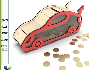 Car piggy bank svg, Wooden piggy bank laser cut files, Cash box vector project