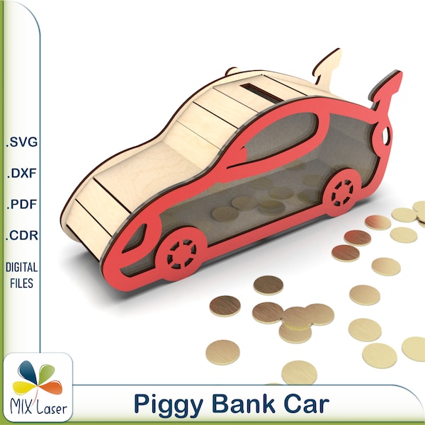 Car piggy bank svg, Wooden piggy bank laser cut files, Cash box vector for laser, Money Box Glowforge SVG files, Bank box laser projects.