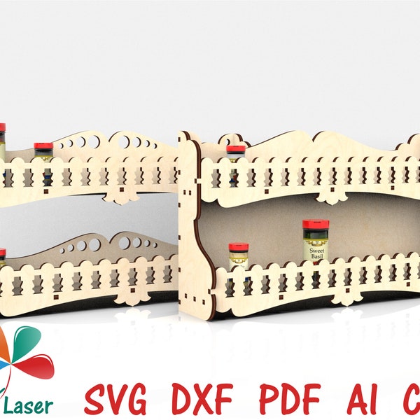 Laser design files Spice Rack Holder Shelf Spice Kitchen Organizer. DXF files for laser. Vector CNC SVG laser cutting files for wood.