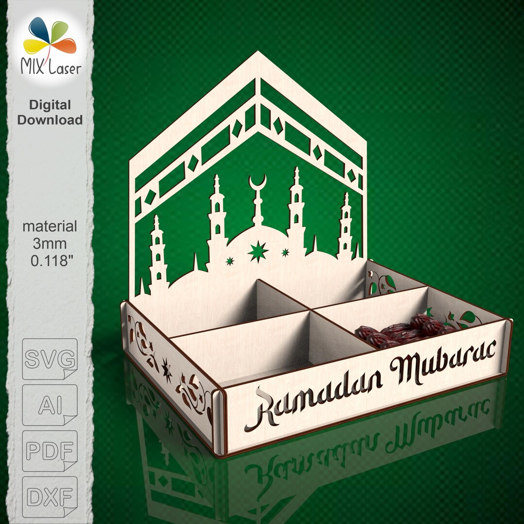 Ramadan Mubarak Box SVG for Laser Cut, Eid Treat Box With Mosque ...