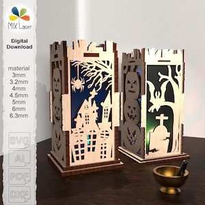 Halloween nightlight SVG laser cutter files for home decor, tea light box led with spooky silhouette
