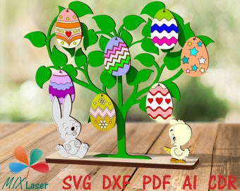 SVG laser cutting files Easter Egg Tree, Easter Glowforge project SVG laser cut files, Easter vector DXF Cnc templates for laser cut wood