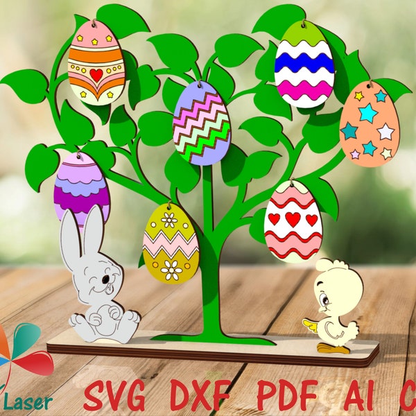 Easter Egg Tree Decor SVG cutting files, Easter Glowforge SVG laser cut files, Easter vector DXF Cnc files for laser cut wood