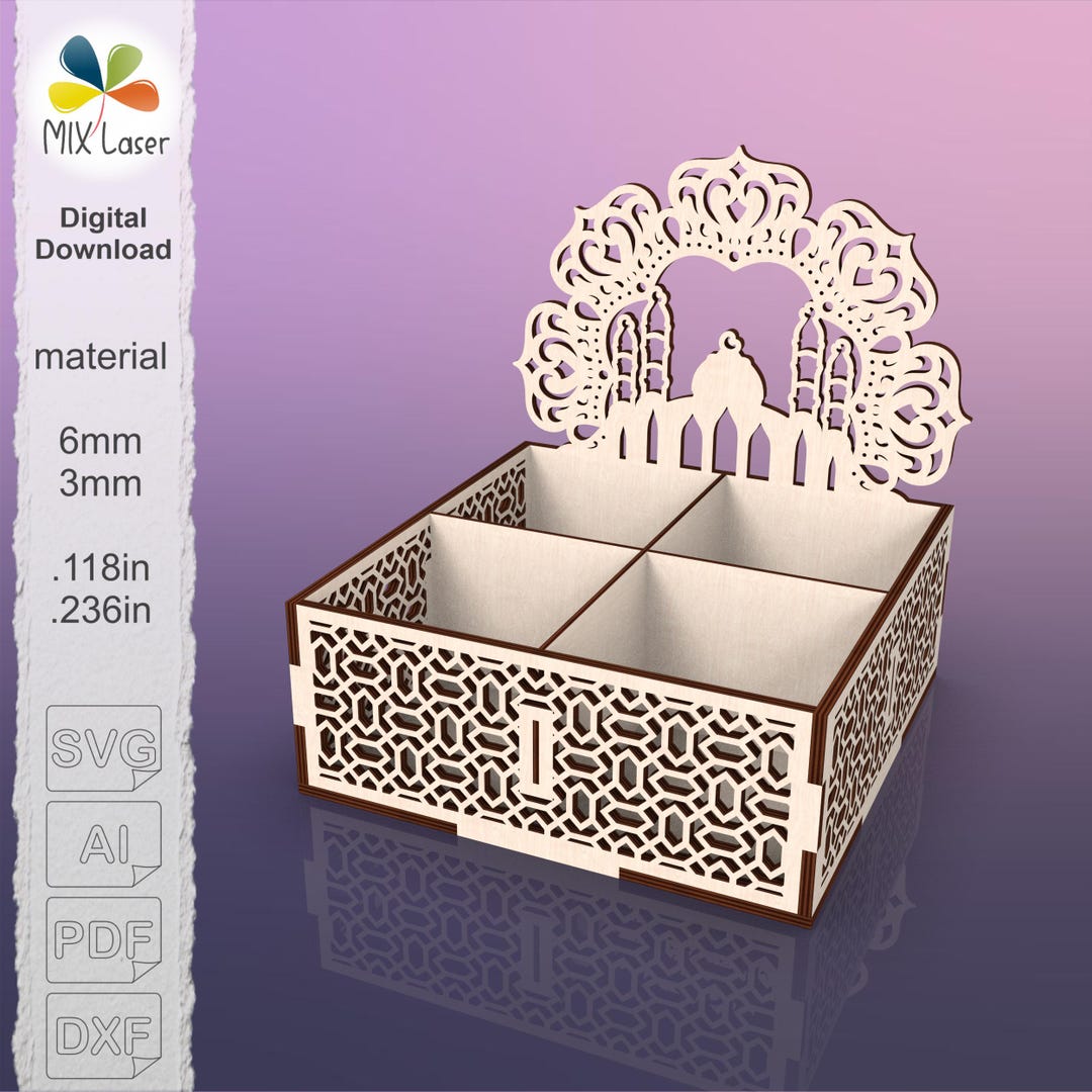 Ramadan Gift Box SVG With Mosque Backdrop, Laser Cut Decorative Tray ...