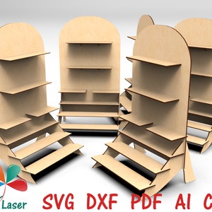 Expositor de madera. Archivos SVG cortados con láser. Estantería escalonada para exhibición de artículos de ferias de artesanía. Archivos SVG DXF vectoriales para láser. Archivos de corte CNC.