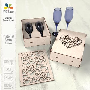 Laser files Wine Glass Gift Box / Champagne Glass Box. Wine glass gift box Vector CNC DXF files for laser cutting wood. SVG laser cut files.