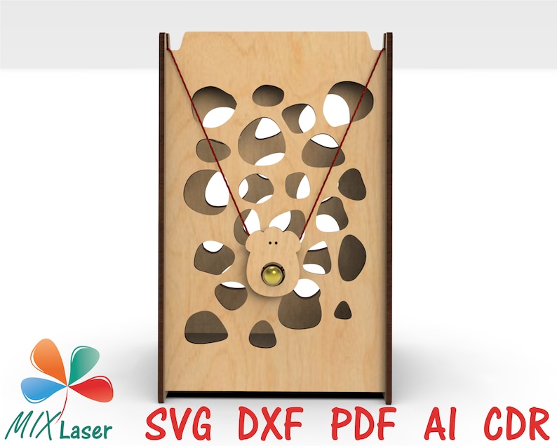 May include: A wooden toy with a string and a small bear-shaped piece with a ball inside. The toy has a pattern of holes cut out of the wood.