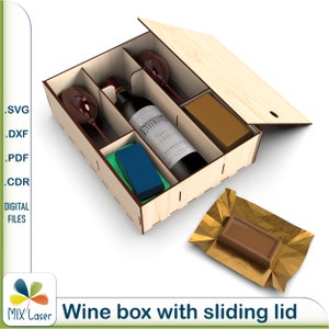 Caja para una botella de vino y dos copas. Archivos SVG de corte láser para caja de vino. Archivos DXF para plantillas CNC.