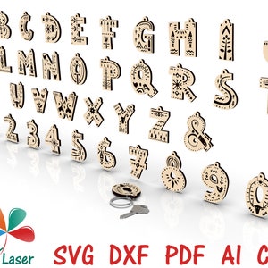 Schlüsselanhänger Buchstaben Alphabet SVG Laserschnittdateien. Glowforge Bundle Schlüsselanhänger Projekt. Laser gestaltet Schlüsselanhänger DXF.