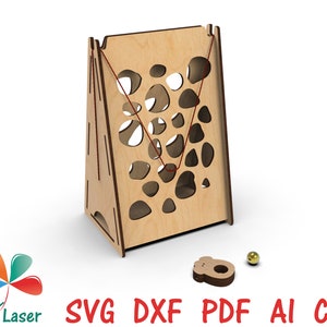 May include: A wooden game with a triangular frame and a maze of holes. A red string is strung through the holes. A small wooden ball and a wooden piece shaped like a bear are included.