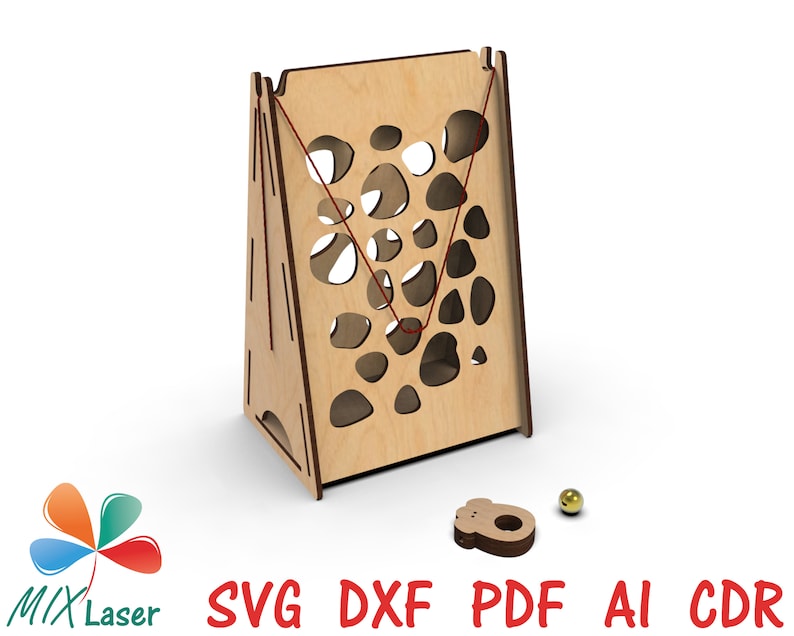 May include: A wooden game with a triangular frame and a maze of holes. A red string is strung through the holes. A small wooden ball and a wooden piece shaped like a bear are included.