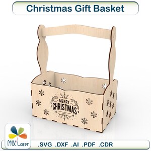 Projeto digital vetorial de corte a laser em SVG para cesta de presentes de Natal. Projetos de corte a laser Glowforge para caixa de presentes de Natal.