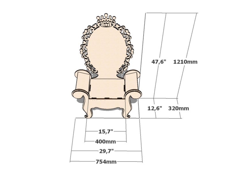 Wooden Princess Throne Chair - Laser Cutting Design Party Throne - CNC furniture plan - dxf pdf cdr vector digital files for laser cut wood image 2