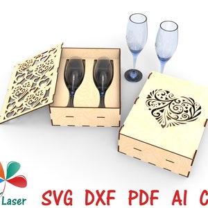 Laser files Wine Glass Gift Box / Champagne Glass Box. Wine glass gift box Vector CNC DXF files for laser cutting wood. SVG laser cut files.