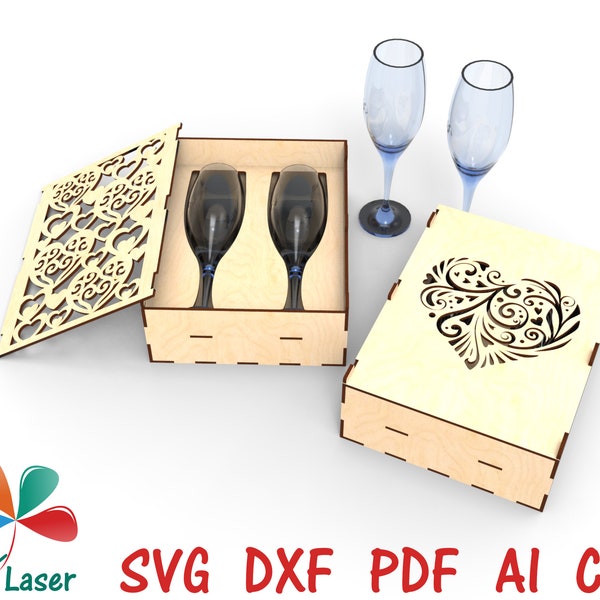 Archivos láser Caja de regalo para copas de vino / Caja para copas de champán. Caja de regalo de copa de vino Archivos vectoriales CNC DXF para cortar madera por láser. Archivos cortados por láser SVG.