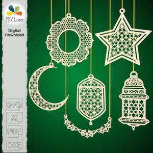 Ramadan pendant SVG laser cutting plans. Eid Mubarak decorations DXF patterns.