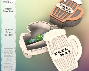 Father's Day gift box for beer and snacks, laser cut box SVG PDF vector files for Glowforge cutter. Laser cut patterns gift box design files