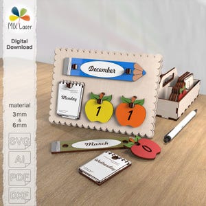 Laser Cut Perpetual Calendar SVG, Teacher Gift Apple Desk Calendar, Classroom Decor, English Spanish Files, Back to School