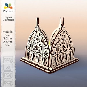May include: Laser-cut wooden decorative piece featuring two arched structures with intricate floral and geometric designs. The piece is made of light-colored wood with dark brown accents and sits on a square base. The text "MIX Laser" and "Digital Download" are visible.