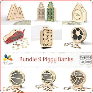 Pacote de cofrinho SVG cortado a laser, cofrinho com bola esportiva, carro, mala, casa, montanha, 9 arquivos digitais