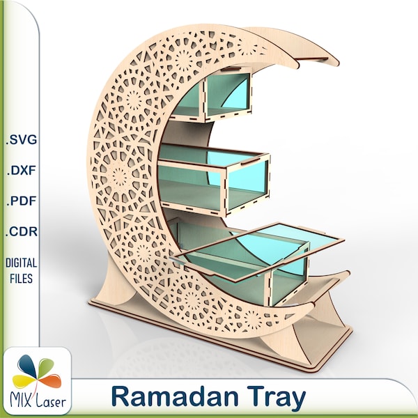 DXF SVG Eid Mubarak crescent decoración bandeja de proyecto de corte láser de 3 niveles con cajas. Postre Ramadán Kareem, frutos secos, diseño de bandeja de refrigerios.