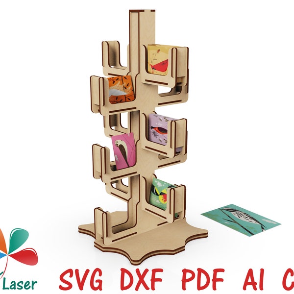 Présentoir rotatif pour cartes - Fichiers de découpe DXF SVG Laser pour présentoir de cartes postales Craftshow - Modèle découpé au laser CNC 12 compartiments