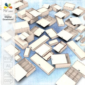 Può includere: Una collezione di scatole di legno tagliate al laser di varie dimensioni e forme, alcune con coperchi aperti o chiusi. Le scatole sono di colore chiaro con venature naturali del legno. L'immagine include il testo "MIX Laser Digital Download" e icone di tipo di file: SVG, AI, PDF e DXF.