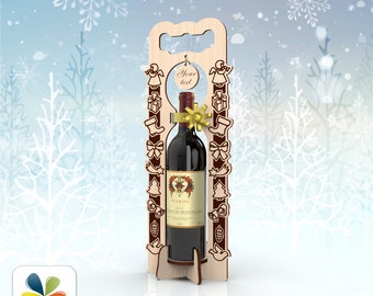 Christmas Gift Wine Bottle Holder SVG laser cutting and engraving projects , Wooden bottle carrier bag Glowforge vector DXF files