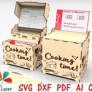 Pudełko na przepisy z przegródkami i kartami na przepisy 4x6, pliki do cięcia laserowego wektorowego Glowforge SVG do drewna, pliki DXF do planów CNC, plik z grawerowanym pudełkiem