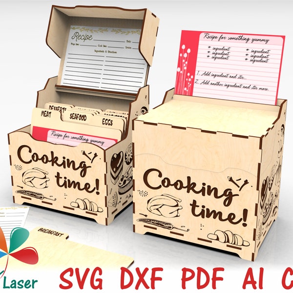 Recipe box with dividers and 4x6 recipe cards, Glowforge SVG laser vector cutting files for wood, DXF files for CNC plans, engraved box file