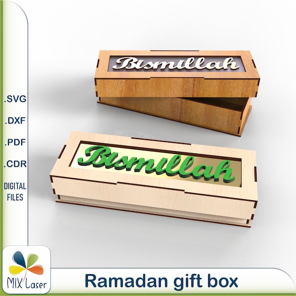 DXF Laserdateien Geschenkbox Bismillah - Dxf Schnittmuster Ramadan Trockenobst und Dessert Geschenkbox - Eid Mubarak Anlassbox CNC Laser Templates