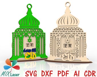 Calendrier du compte à rebours des fichiers SVG découpés au laser pour le Ramadan. Fichiers CNC de calendrier de bureau Eid Mubarak pour la découpe laser. Décoration islamique svg.