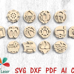 May include: A set of 15 wood cutouts with summer themes. The cutouts include a beach chair, flip flops, a beach ball, a life preserver, a snorkel and mask, a camera, a swimsuit, a boat, a beach umbrella, an ice cream cone, a drink with a straw, a steering wheel, and three different versions of the text "Hello Summer".