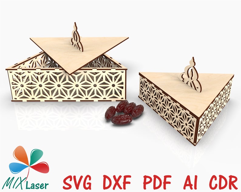 Eid Ramadan Mubarak Fruits secs cadeau Découpe laser Fichiers SVG DXF Boîte. Fichiers de conception laser de stockage de boîte de nourriture de bonbons de dessert de Ramadan Mubarak. image 2