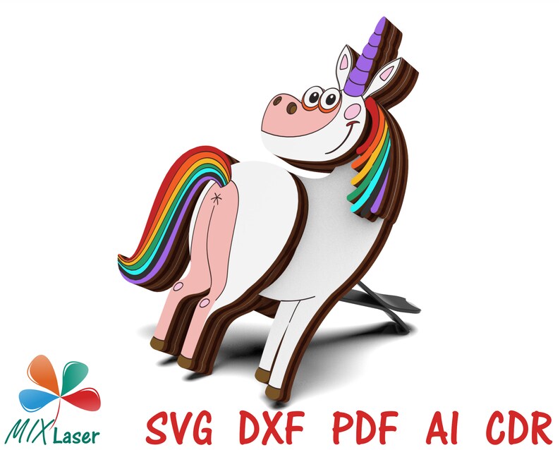 May include: A white unicorn with a rainbow mane and tail. The unicorn has a purple horn and big, round eyes. The unicorn is standing on a white background.